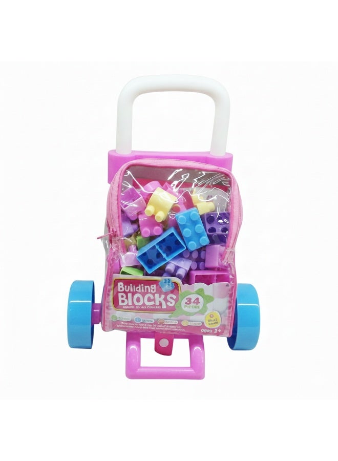 توي لاند لعبة عربة مكعبات بناء للأطفال بعجلات ومقبض حمل | مجموعة مكعبات بناء ملونة مكونة من 34 قطعة - Image 1